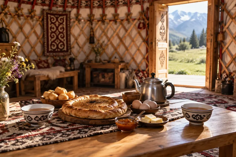 Завтрак: лепёшка, боорсоки, масло, варенье и чай